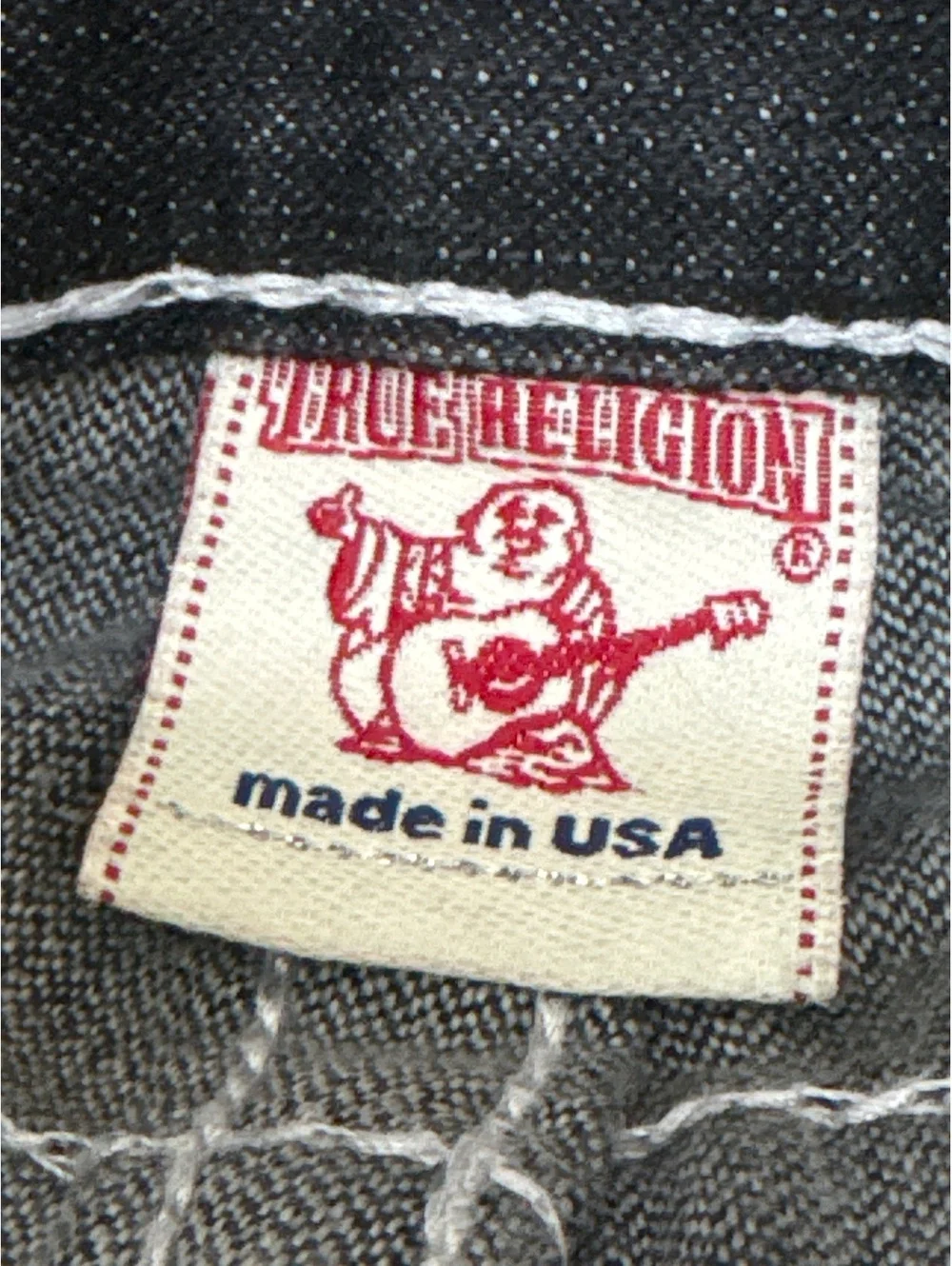 True Religion Black Distressed Denim Jeans with White Stitching